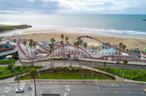 sky view of a part of the santa cru beach boardwalk and roller coaster